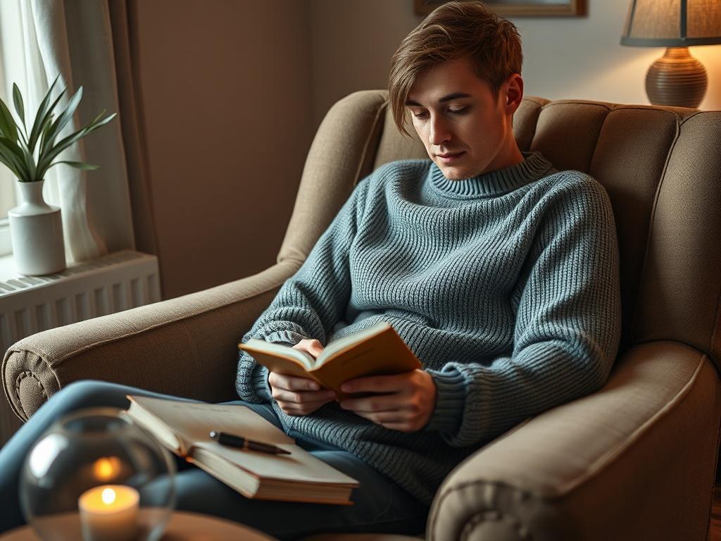 A close-up shot of a person sitting comfortably in a cozy chair, looking contemplative while journaling, surrounded by soft lighting and calming colors.