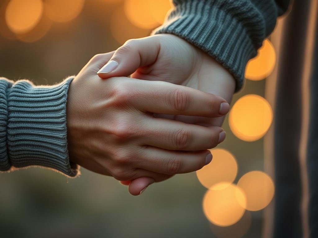 A close-up shot of two hands gently holding each other, symbolizing connection and intimacy, set against a soft, blurred background of warm colors to evoke a sense of safety and love.