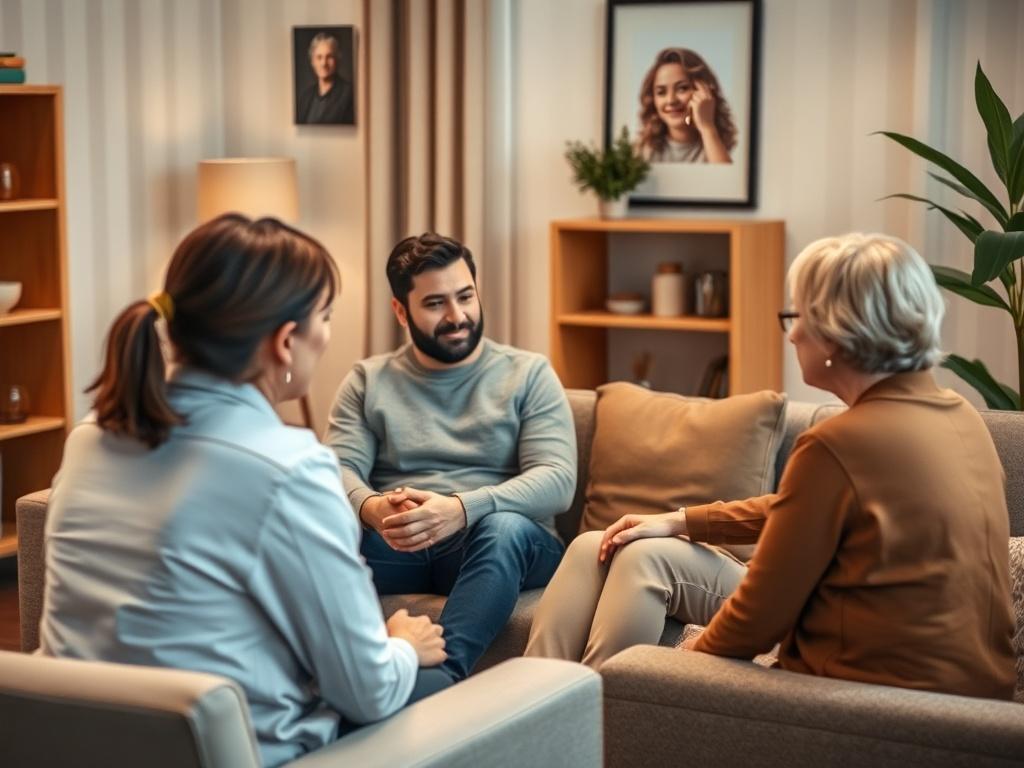 A couple sitting on a couch in a cozy therapy room, engaged in a conversation with a therapist. The therapist is seated across from them, facilitating the discussion. The room should feel warm and inviting, with soft lighting and comfortable furnishings, emphasizing a safe space for open communication.
