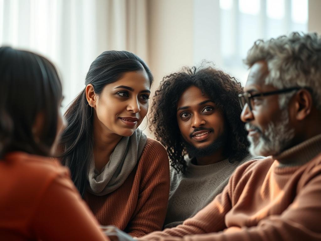 A close-up shot of a therapist and a client discussing intimacy in a relaxed setting. The therapist, a South Asian woman, appears empathetic, while the client, a middle-aged Black man, expresses curiosity and openness. The background is softly lit, creating a warm and inviting atmosphere that encourages honest dialogue.