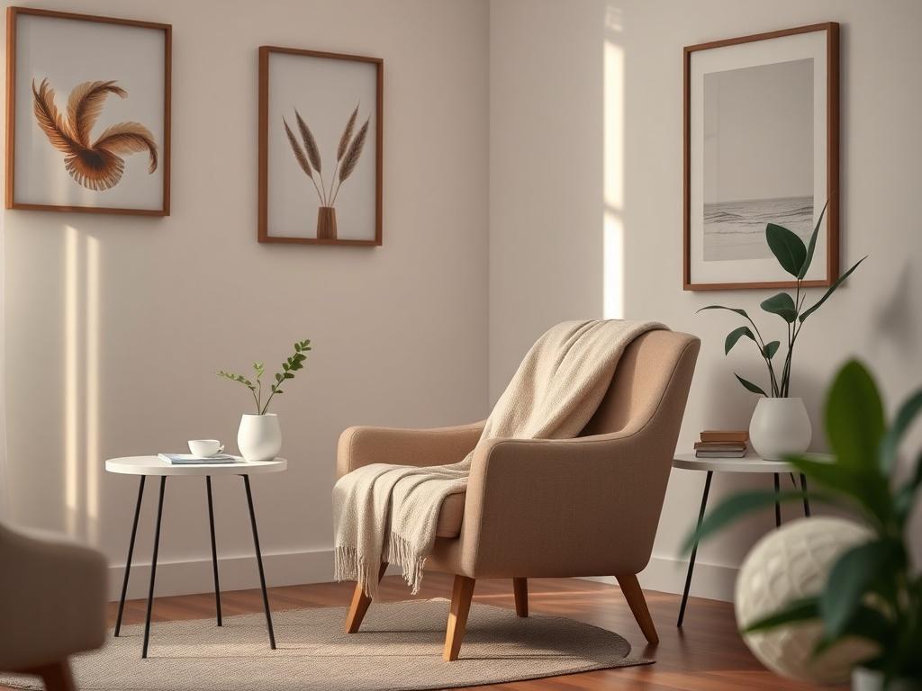 A serene therapy room with soft lighting and comfortable seating, featuring a cozy armchair, a small table with a plant, and calming artwork on the walls. The focus should be on a single armchair, inviting and warm, with a soft throw blanket draped over it. The atmosphere should evoke comfort and safety, ideal for a counseling session.