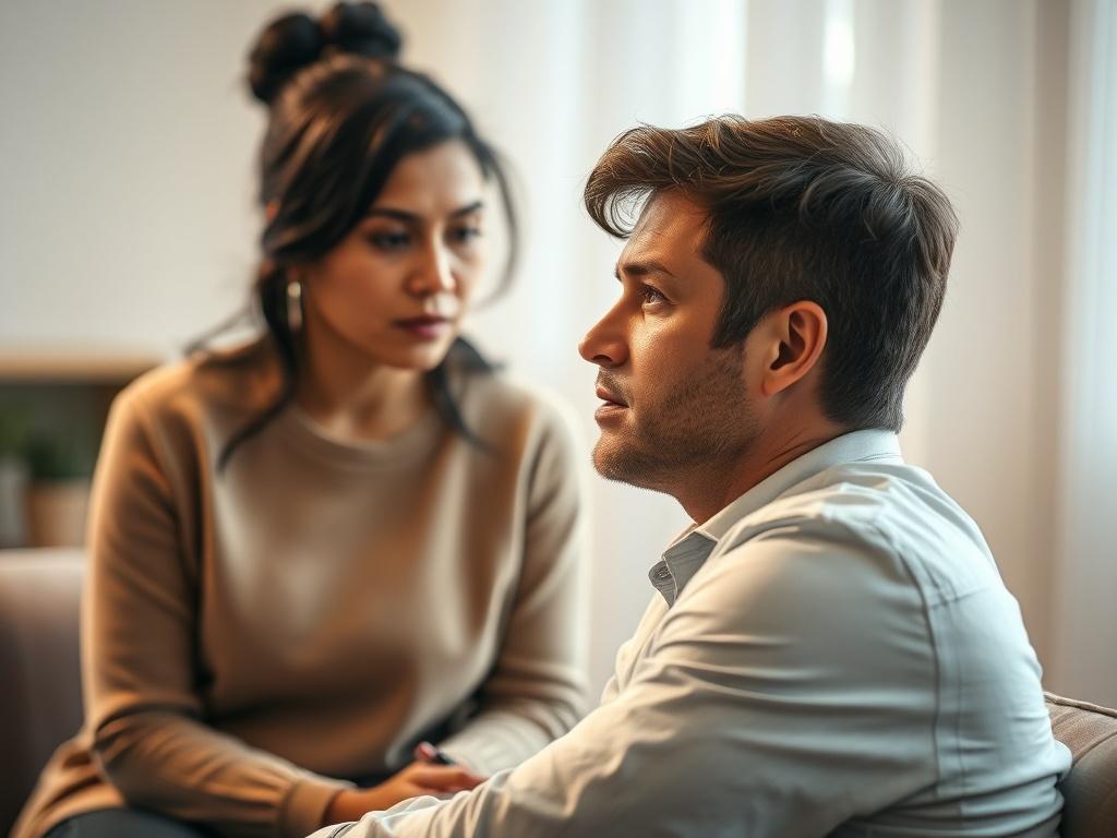 A close-up shot of a therapist and client engaged in a serious conversation, both looking empathetic and focused. The background is softly blurred to create a calming atmosphere. The therapist, a woman of Hispanic descent, sits attentively, while the client, a Caucasian male, expresses vulnerability. The lighting is warm and inviting, emphasizing a safe environment.