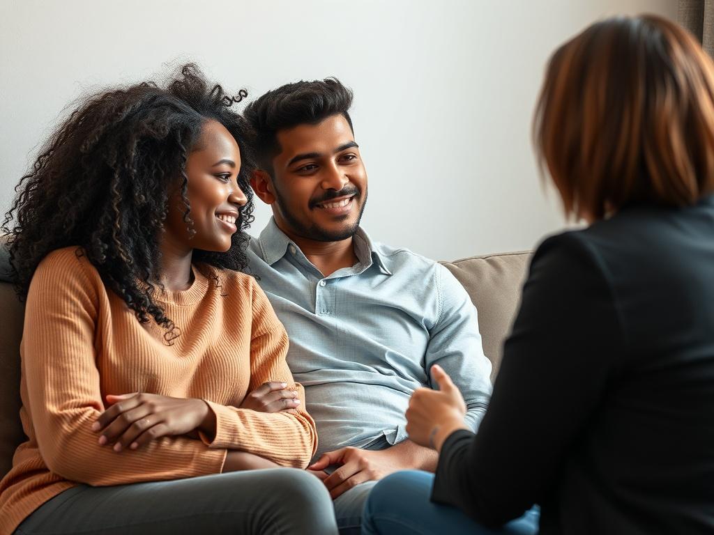 A close-up shot of a couple sitting together on a couch, engaged in an intimate conversation with their therapist. The couple, a Black woman and a Hispanic man, demonstrate openness and vulnerability. The therapist, a woman of Asian descent, listens attentively, creating a supportive atmosphere. The setting is cozy and inviting, with soft lighting that enhances the feeling of safety.