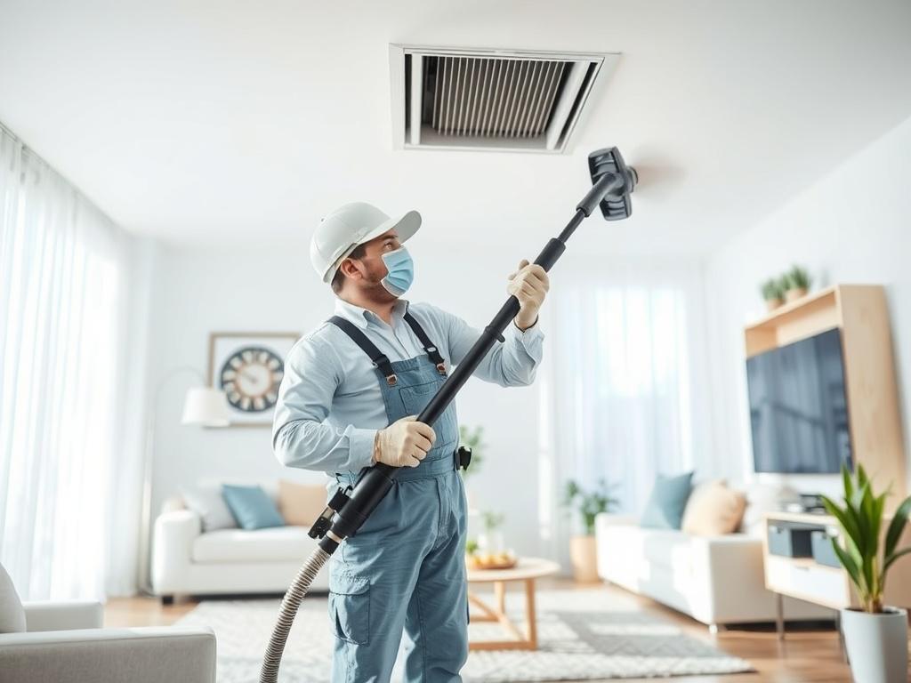 A professional technician cleaning air ducts in a bright, airy