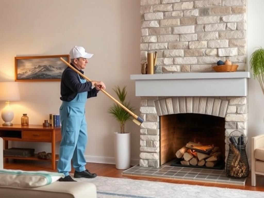 A professional chimney sweep in action, using a brush and