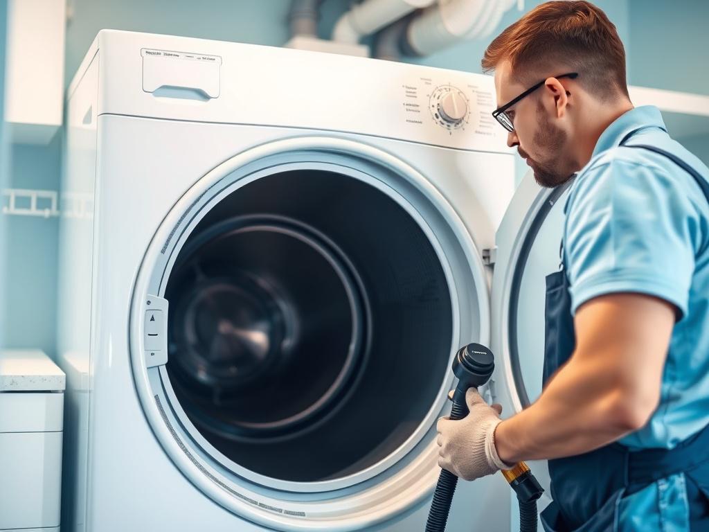 A technician cleaning a dryer vent using specialized equipment, with
