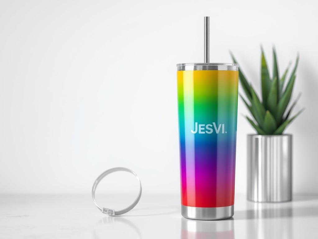 A photorealistic image of a Customized Straight 20 oz stainless steel tumbler with a straw. The tumbler should be centered in the image, showcasing its sleek design and vibrant colors. The background should be minimalistic, with soft focus to emphasize the tumbler. The tumbler should have a personalized design, adding a unique touch. The overall composition should be clean and modern, highlighting the essential elements of the product.
