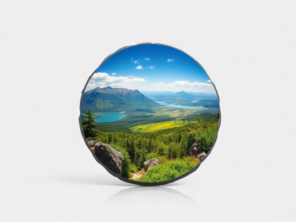 A high-resolution image of a 6-inch round slate displaying a vibrant, lifelike photo of a scenic landscape. The slate has a smooth, polished surface with natural edges, reflecting light subtly. The background is minimalistic, emphasizing the beauty of the photo on the slate. The colors in the landscape photo are bold and vivid, with a clear blue sky and lush greenery, set against a simple, light-colored backdrop to ensure focus on the slate.