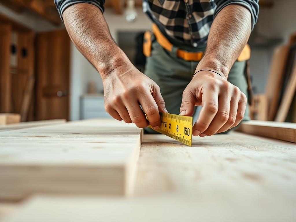 A hyper realistic image showing a construction worker measuring wood