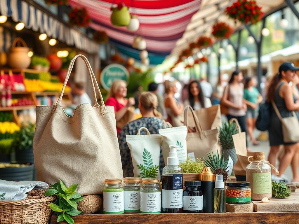 An inviting close-up of a beautifully arranged display of eco-friendly products in a vibrant marketplace setting. Items include reusable bags, organic skincare, and sustainable home goods. The background features colorful market stalls and happy shoppers, emphasizing community engagement in sustainability. The focus is on the diversity of products available, showcasing the variety and appeal of eco-friendly choices. This image should capture the essence of an eco-marketplace, promoting sustainable living in