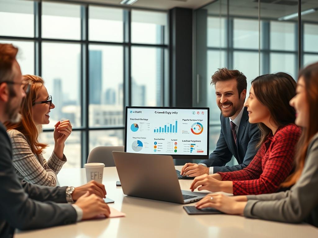 A dynamic shot of a diverse group of professionals engaged in a collaborative discussion around a conference table. One person is presenting on a laptop, displaying vibrant charts and graphs related to ReFi Crowd Equity. The setting is modern and bright, with large windows showing a cityscape in the background. The expressions of the group members convey enthusiasm and engagement in sustainable finance. This image should reflect the innovative spirit of collaborative equity funding in a hyper-realistic styl