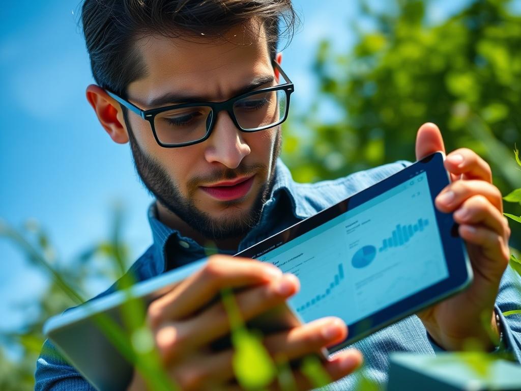 A close-up shot of a professional analyzing data on a digital tablet, surrounded by nature. The background features lush greenery and a clear blue sky, symbolizing sustainability. The person's focused expression reflects dedication to environmental innovation, while the tablet displays graphs and data related to carbon accounting. The composition highlights the blend of technology and nature, emphasizing the importance of environmental responsibility. The image should capture the essence of sustainability i