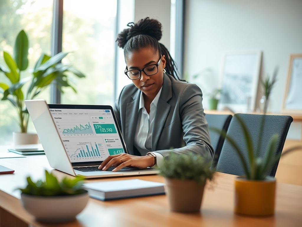 Create a realistic high-resolution photo featuring a focused subject in a modern office environment embodying the concept of carbon accounting for sustainable growth. The composition should be simple and clear, highlighting a well-dressed business professional, preferably of diverse descent, who is deeply engaged in analyzing data on a laptop. 

In the foreground, the subject should be seated at a sleek wooden desk adorned with eco-friendly materials and a few plants, emphasizing a connection to sustainabil
