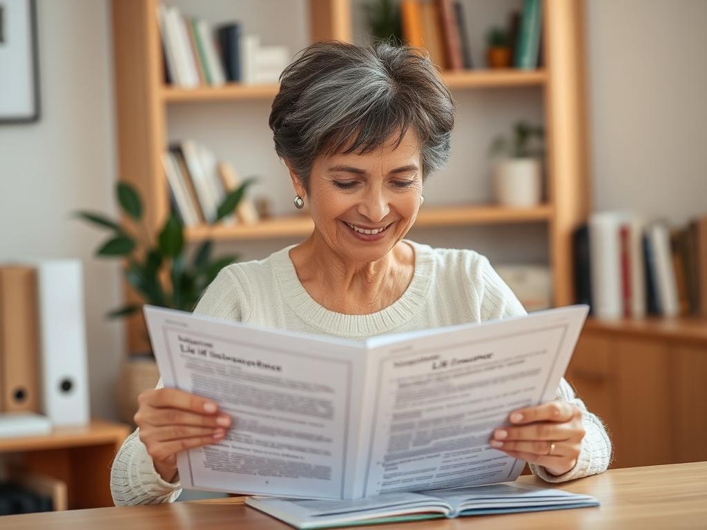 **AI Image Generation Prompt:**

Create a realistic high-resolution photo that visually represents the blog titled "Understanding Life Insurance: A Comprehensive Guide." 

**Subject Matter:** The main subject should be a thoughtful individual, a middle-aged woman with a warm smile, seated at a simple wooden desk. She is reviewing a detailed brochure about life insurance, showcasing her engagement and understanding of the material. 

**Composition:** The image should focus closely on her, capturing her facial expressions and the brochure in her hands. Ensure that the composition is simple and clear, with the woman as the lone subject, allowing her to dominate the frame. 

**Background:** The background should be softly blurred, featuring a cozy home office setting—perhaps a bookshelf with various financial books and a potted plant, adding to the inviting atmosphere without distracting from the main subject. 

**Color Palette:** The dominant color should reflect the primary color of rgb(50, 170, 39), harmonizing with natural light coming in from a nearby window, creating a warm and enlightening vibe. 

Overall, the image should evoke a sense of clarity and understanding, inviting readers to navigate the complexities of life insurance with confidence, utilizing our comprehensive guide.