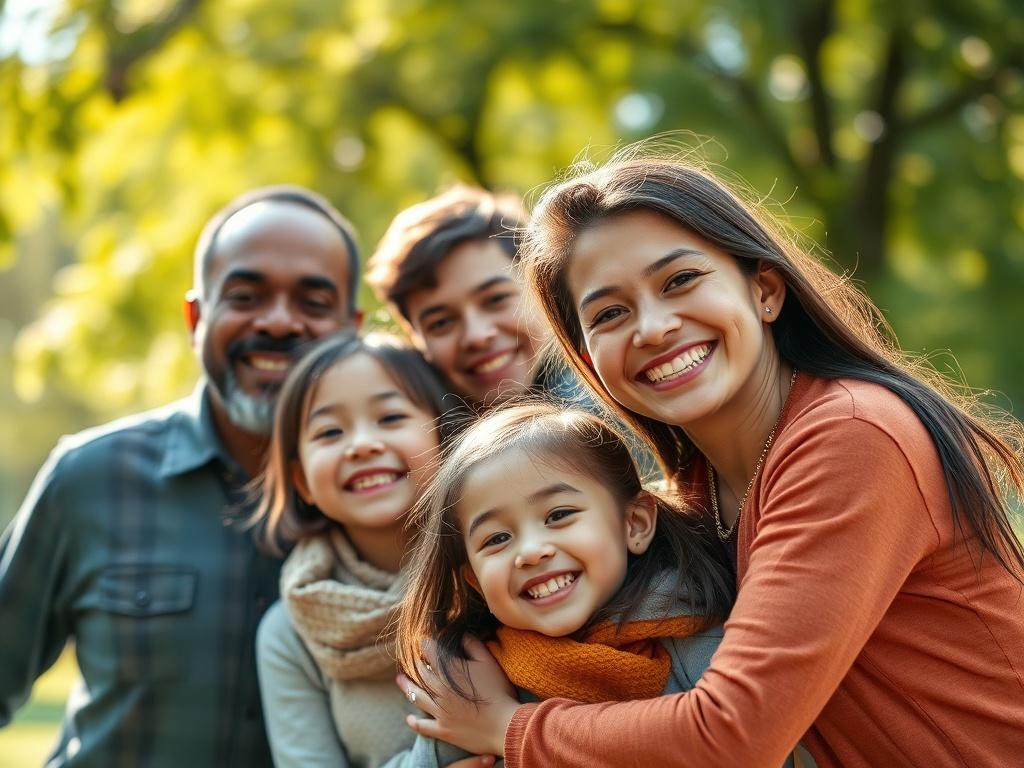 Create a realistic high-resolution photo of a smiling family gathered together in a sunny park, showcasing a close-up shot of their joyful expressions. The background should be blurred to emphasize the family, with vibrant greenery reflecting the rgb(50, 170, 39) primary color. The focus should be on the warmth and love shared among them, symbolizing security and protection.