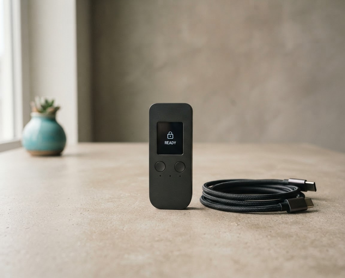 A compact hardware wallet and cable arranged on a warm neutral tabletop