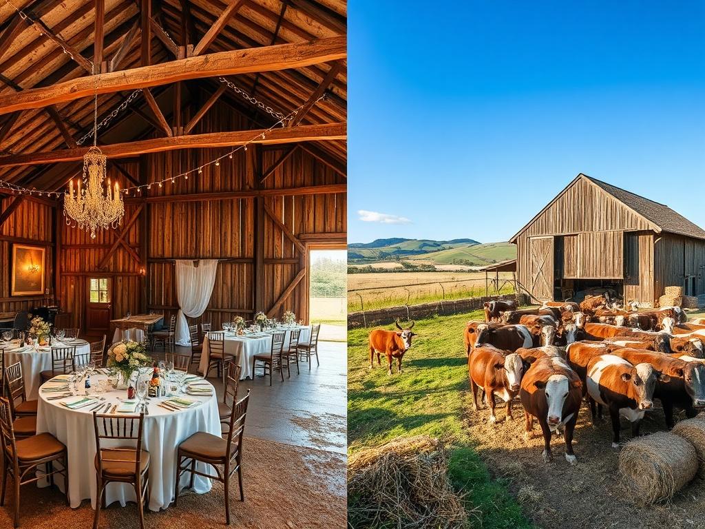 A split picture featuring a rustic barn setting for a wedding on one side, showcasing elegantly decorated tables with flowers and soft lighting, creating a romantic ambiance. On the other side, a traditional barn filled with cows, with hay bales scattered around and a warm, inviting atmosphere. The background should reflect a countryside landscape, with rolling hills and a clear blue sky, capturing the essence of rural charm and celebration.