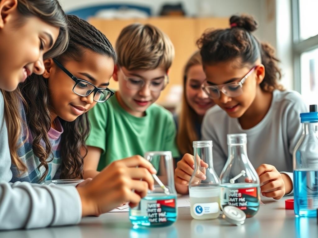 A high-resolution close-up photograph of a diverse group of students engaging in hands-on STEM activities. The students should be focused on a science experiment, showcasing teamwork and creativity in a well-lit classroom environment. The background should be subtly blurred to emphasize the students and their activities, with vibrant colors reflecting an engaging learning atmosphere. The image should be captured with a 45mm f/1.2 lens style, ensuring clarity and depth of field, compatible with the rgb(50, 1