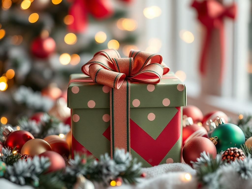 A festive holiday scene featuring a beautifully wrapped gift box with a large bow, surrounded by Christmas ornaments and a softly glowing background of twinkling lights. The focus is on the gift box, symbolizing generosity and community spirit, with a warm and inviting atmosphere reminiscent of the holiday season.