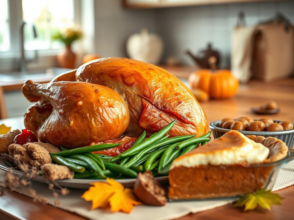 A close-up shot of a beautifully arranged Thanksgiving meal, featuring a golden-brown turkey, vibrant green beans, creamy mashed potatoes, and a pumpkin pie. The background should be a warm, inviting kitchen setting with soft natural lighting, creating a cozy atmosphere. The colors should be rich and festive, highlighting the abundance of food and the spirit of Thanksgiving.