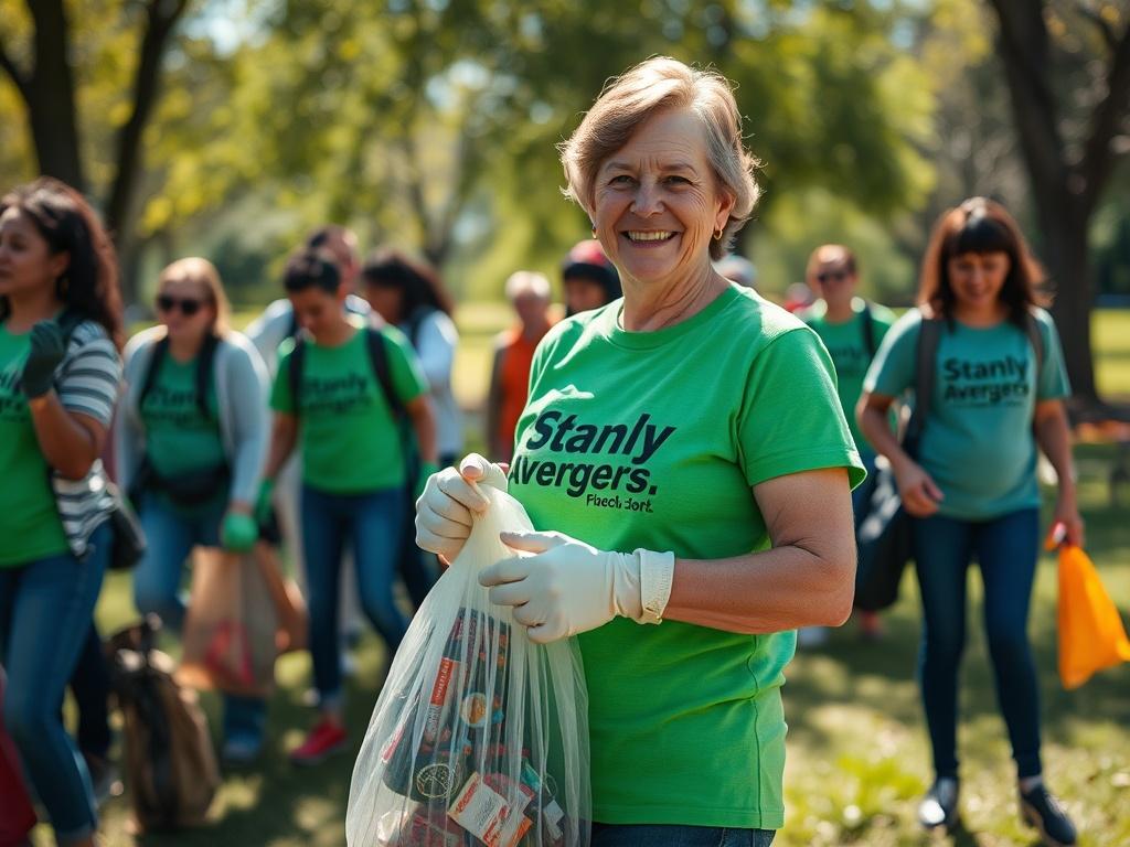 **Prompt for AI Image Generation:**

Create a realistic high-resolution image that reflects the theme of a community cleanup event scheduled for March 29, 2025. The primary subject should be a diverse group of enthusiastic volunteers actively engaged in picking up litter in a park setting. Capture a close-up shot focused on one volunteer, a middle-aged woman wearing a bright green Stanly Avengers, Inc. T-shirt and gloves, smiling as she holds a trash bag filled with waste, showcasing her commitment to the community. 

The background should display a clean and vibrant park scene, with trees and greenery, emphasizing the beauty of nature. The lighting should be bright and cheerful, suggesting a sunny day, to evoke a sense of positivity and community spirit. The image should be shot with a 45mm f/1.2 lens style, creating a soft bokeh effect in the background to ensure the volunteer stands out sharply. Exclude any text or abstract shapes, maintaining a simple and clear composition that conveys a sense of teamwork and dedication.