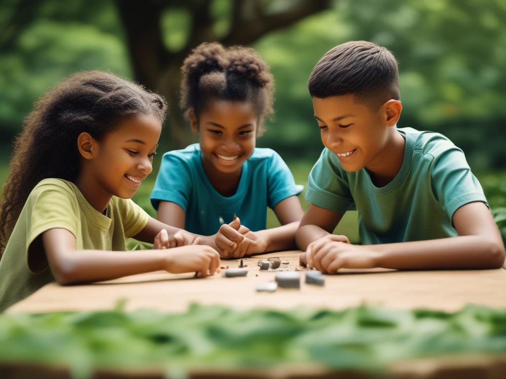 A close-up shot of a diverse group of children engaged in an outdoor workshop activity, showcasing their creativity and teamwork. The background features a lush green park setting, with trees and colorful autumn leaves. The image is hyper-realistic, taken with a 45mm f/1.2 lens, emphasizing the joyful expressions of the children, all wearing workshop aprons.