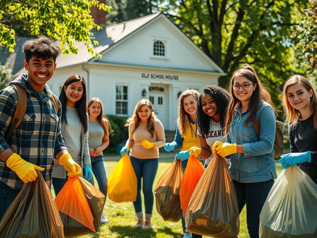 A close-up shot of a group of diverse students wearing gloves and holding trash bags, actively cleaning up the historic Old Schoolhouse Campus. The scene captures the energy of teamwork and community spirit, with the Old Schoolhouse building in the background. The lighting should be bright and inviting, showcasing the morning sun and the lush green surroundings. The composition should focus on the students, highlighting their positive engagement in preserving history, and the image should be rendered in hig