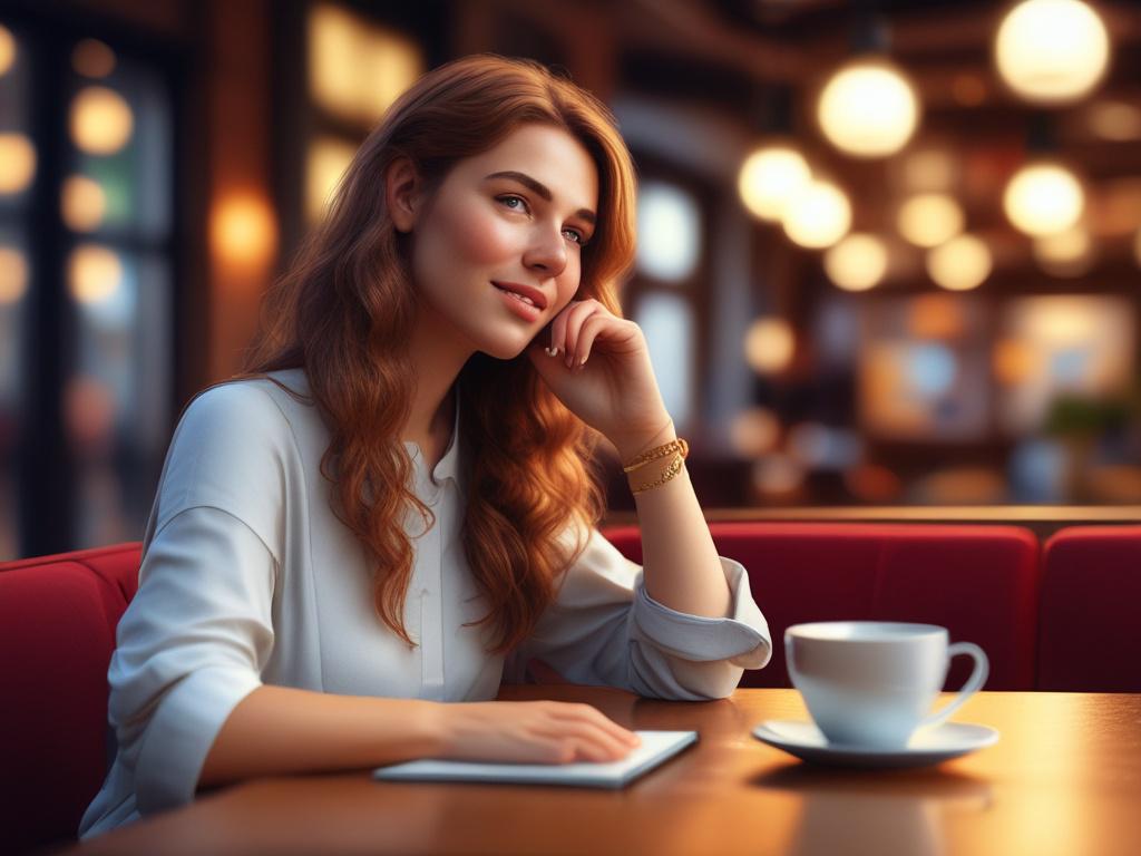 A sophisticated woman in casual yet elegant attire, sitting in