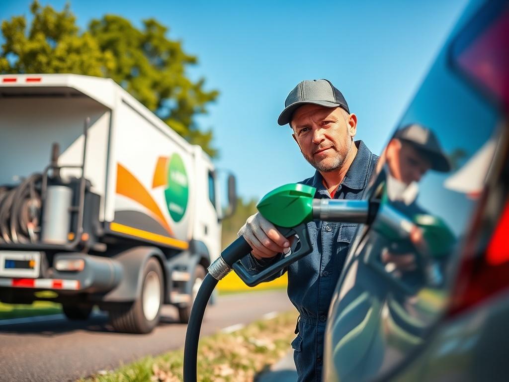 A close-up shot of a fuel delivery truck parked on the side of a road, with a mechanic in a uniform filling a car's tank with fuel. The background shows a clear blue sky, green grass, and trees, emphasizing a calm and professional atmosphere. The image should be rendered in hyper-realistic style, focusing on the mechanic's focused expression and the shiny fuel nozzle. The colors should complement the primary color rgb(2, 86, 197) to enhance the overall visual appeal.