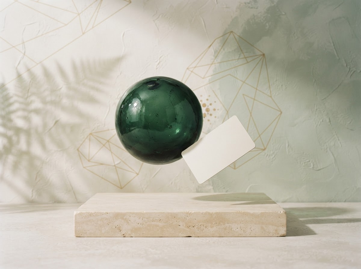 Sculptural green glass orb and an ivory card arranged on a softly lit stone plinth