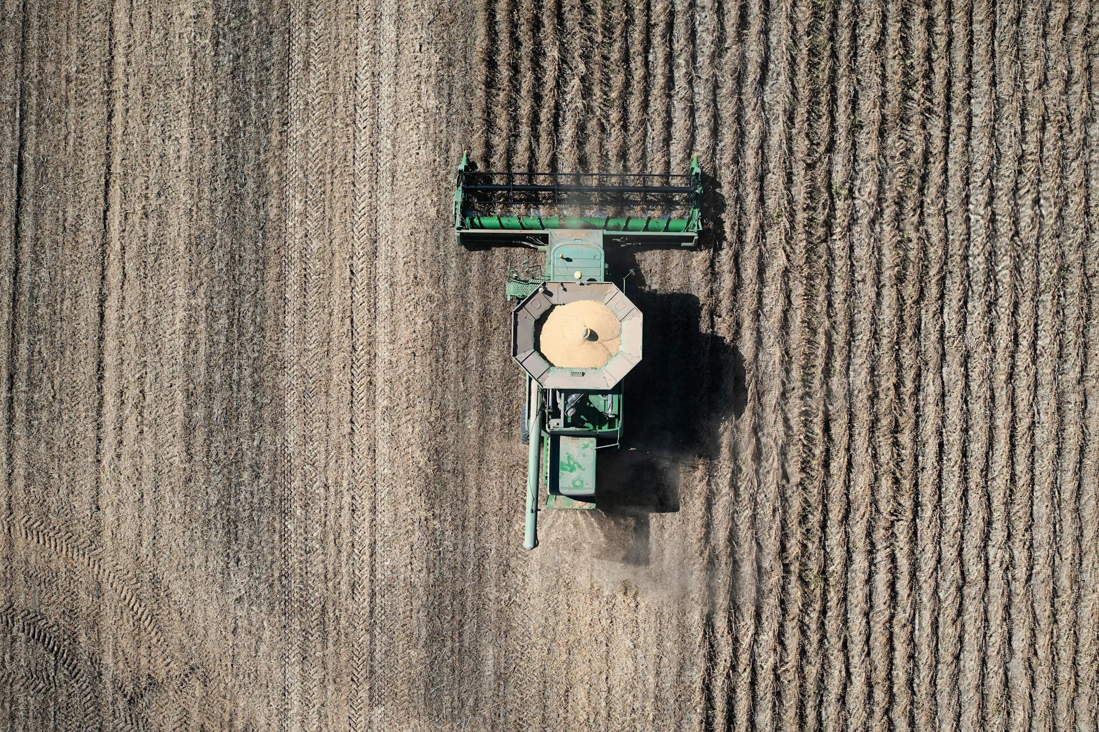 Aerial view of a combine harvester working in a rural Minnesota field during autumn.
