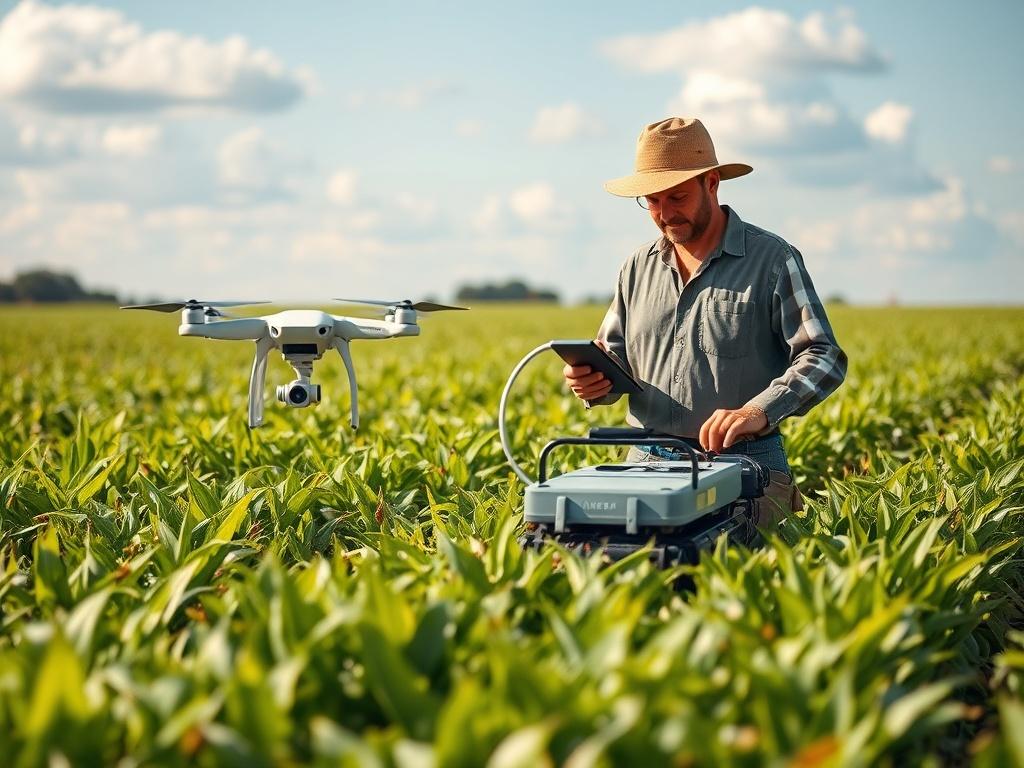 A high-resolution photo of a lush green agricultural field with modern farming equipment in the foreground, showcasing a farmer using advanced technology like drones or sensors. The background features a clear blue sky with soft clouds, emphasizing a vibrant and productive farming environment. The composition should focus on the farmer and the equipment, illustrating the integration of traditional farming with modern technology in a harmonious setting.