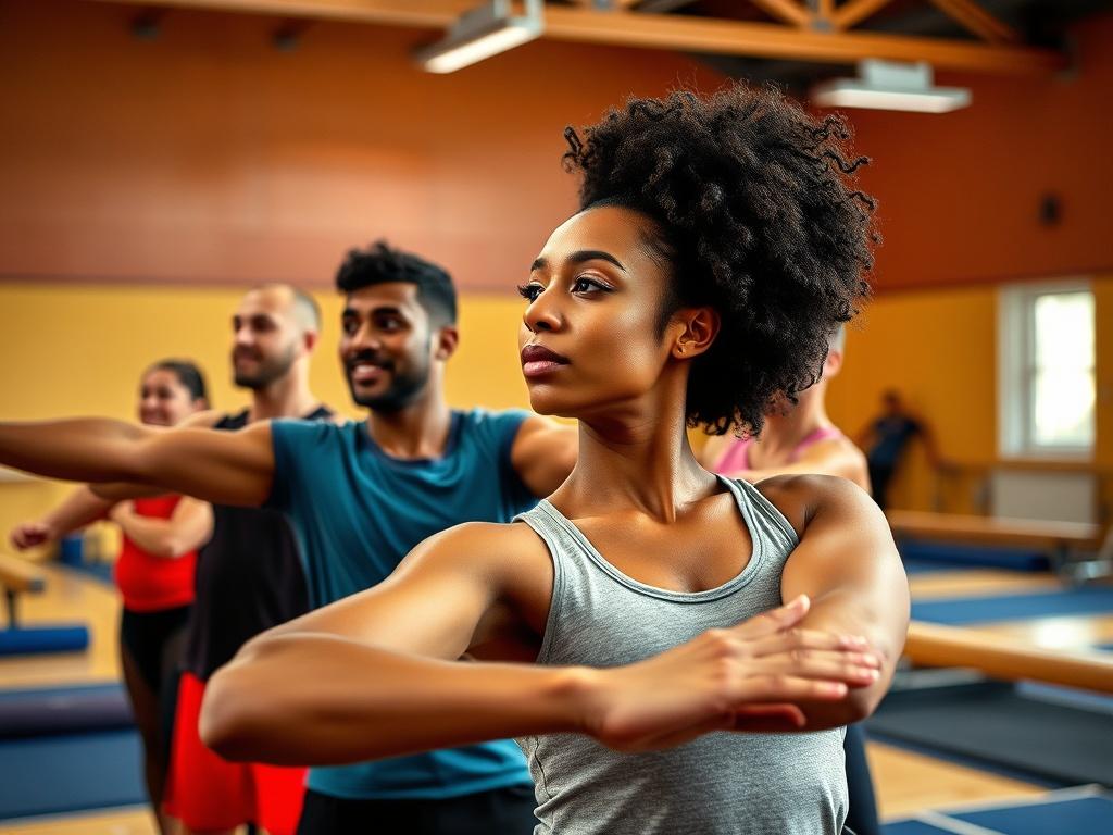 A high-resolution close-up shot of a diverse group of adults participating in a gymnastics class. They are practicing stretches and warm-up exercises in a well-lit gymnasium. Each person displays a unique expression of concentration and determination. The background includes gym equipment like balance beams and mats, creating a vibrant and encouraging atmosphere. The warm colors of the gym and the focus on the participants' faces capture the spirit of community and personal growth.
