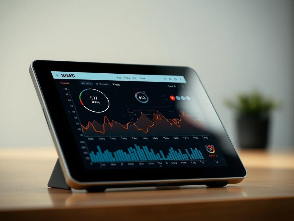 Un tablet moderno con uno schermo acceso che mostra una serie di grafici e andamenti nel tempo. In alto a sinistra dello schermo, il nome del sistema 'SIMS' è ben visibile. Lo sfondo è semplice e chiaro per mettere in risalto i dettagli del tablet e dei grafici. La scena è illuminata con una luce naturale, rendendo il tablet il soggetto principale dell'immagine.
