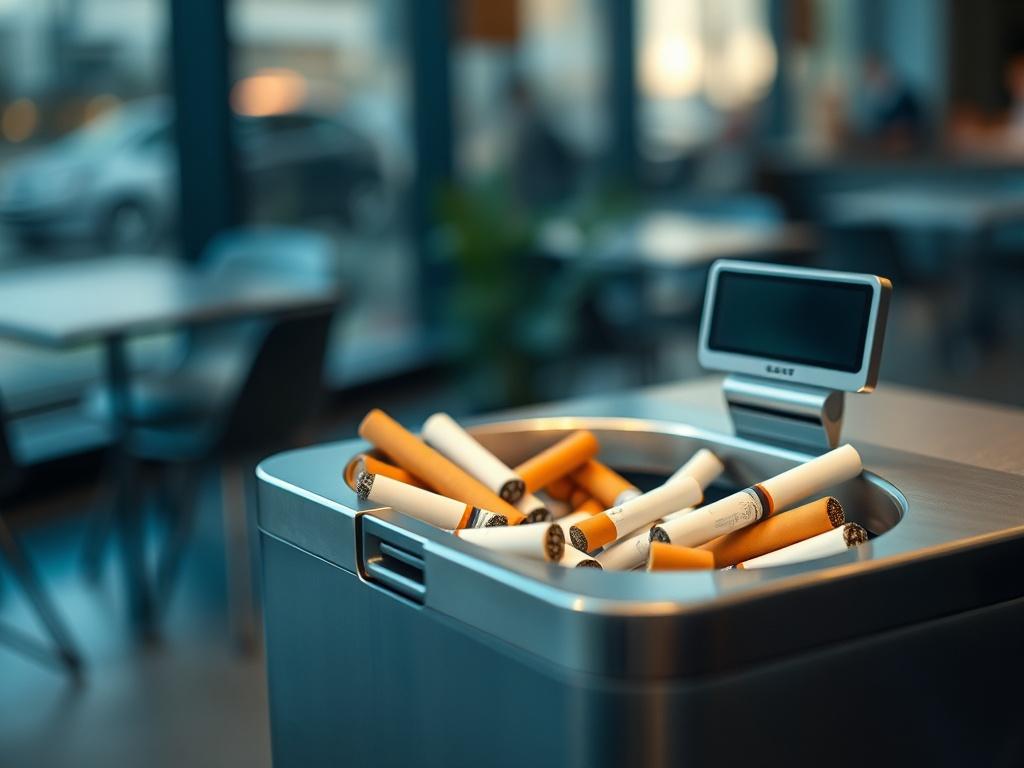A close-up shot of an ashtray in a smoking area of a business, featuring a sensor that counts the number of cigarettes discarded. The ashtray is filled with cigarette butts, and the sensor is visibly integrated into the design. The background is blurred, emphasizing the ashtray and sensor, with a clean and modern aesthetic. The overall color tone aligns with the rgb(12, 186, 225) primary color.