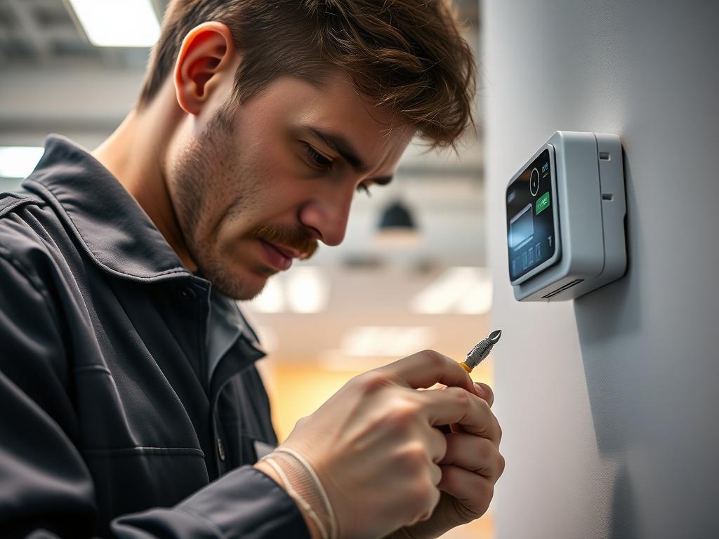 A high-resolution close-up shot of a technician performing maintenance on an office sensor. The technician, wearing a professional uniform, is focused on the sensor located on a wall. The background shows a modern office environment with clean lines and soft lighting, emphasizing a professional atmosphere. The image captures the intricate details of the sensor and the technician's tools, showcasing a sense of precision and care.