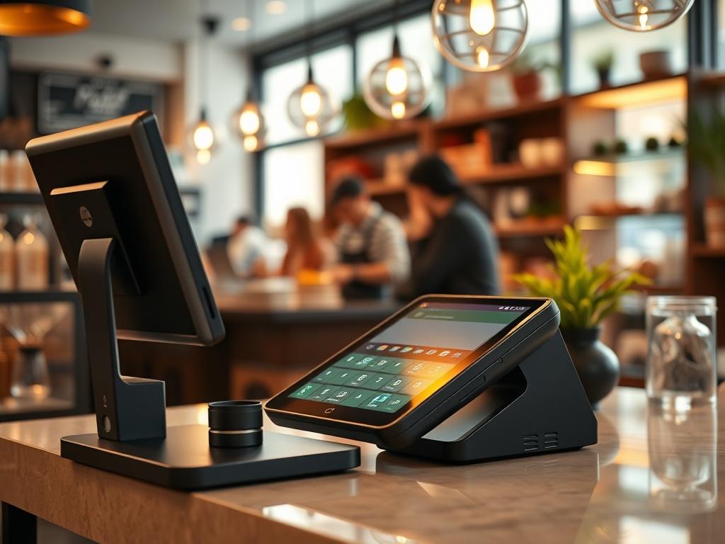 A hyper-realistic close-up shot of a Smart and Android POS terminal on a sleek countertop in a bustling cafe. The terminal should be prominently displayed with its screen showing a transaction in progress, surrounded by a warm inviting atmosphere.