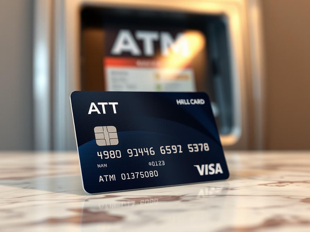 A hyper-realistic close-up shot of an ATM card placed on a marble surface, with a blurred background of an ATM machine. The card should be shiny, highlighting its design and features, with soft lighting creating an inviting ambiance.
