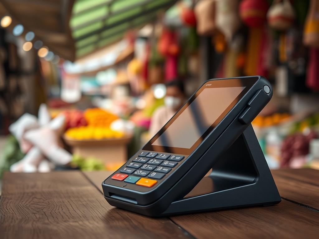 A hyper-realistic close-up shot of an MPOS terminal on a wooden table, with a blurred background of a vibrant market scene. The terminal should be centered, showcasing its sleek design and touch screen, with soft natural lighting highlighting its features.