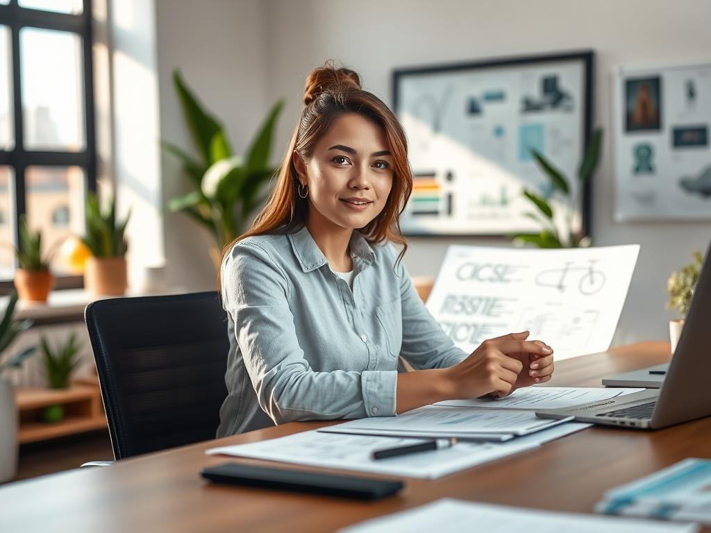 **AI Image Generation Prompt:**

Create a realistic high-resolution photo that embodies the theme of "Construire une Marque Impactante." The composition should feature a single subject: a confident entrepreneur, a young woman with a determined expression, sitting at a sleek wooden desk in a modern office environment. She is actively engaged in a brainstorming session, surrounded by visual aids like sketches and mood boards showcasing branding concepts. 

The background should be softly blurred to emphasize 