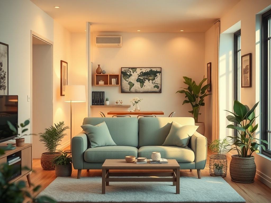A serene apartment interior, softly lit with warm tones