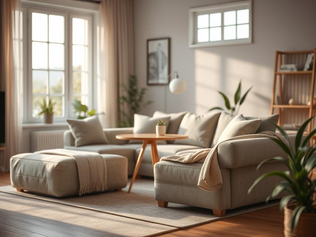 A serene living space featuring a cozy couch, soft lighting,