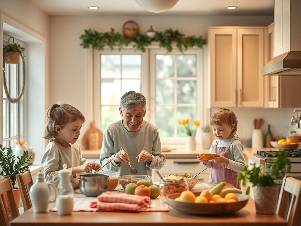 A family happily spending time together in a cozy kitchen,