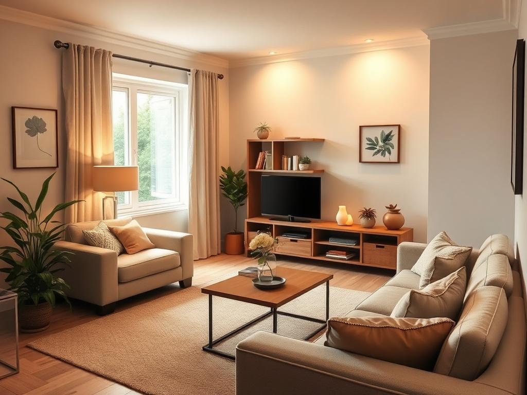 A cozy living room in an affordable rental unit, showcasing