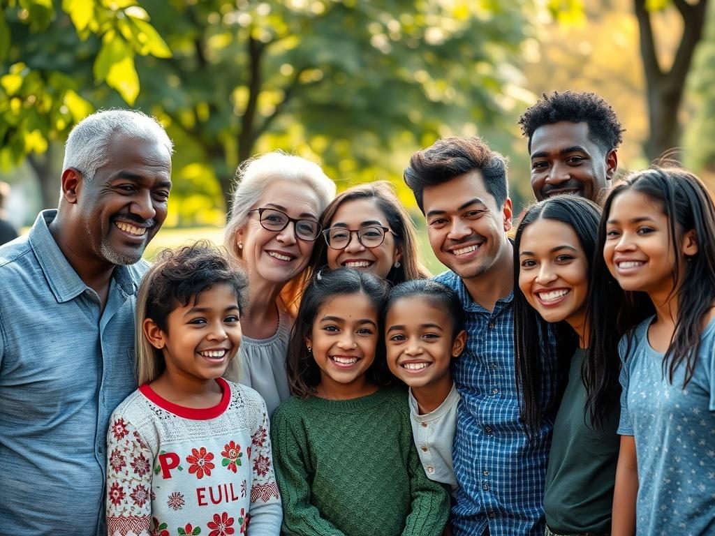 A diverse group of people smiling and interacting in a