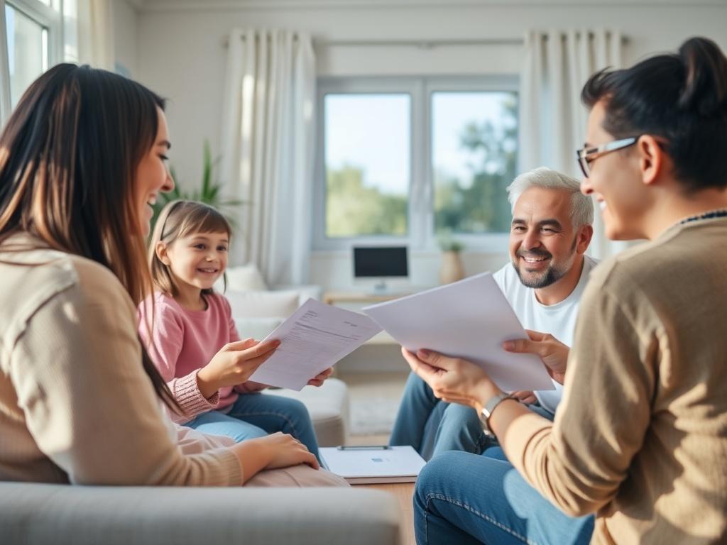 A happy family reviewing rental offers with a housing representative