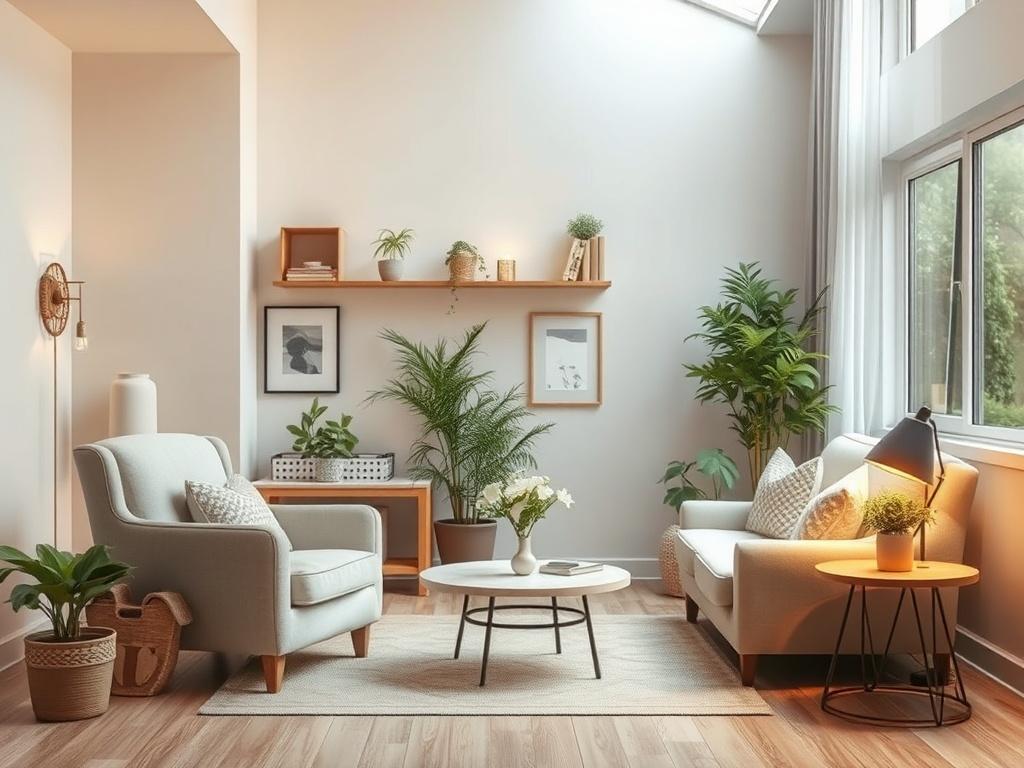 A serene living space featuring a cozy and inviting atmosphere