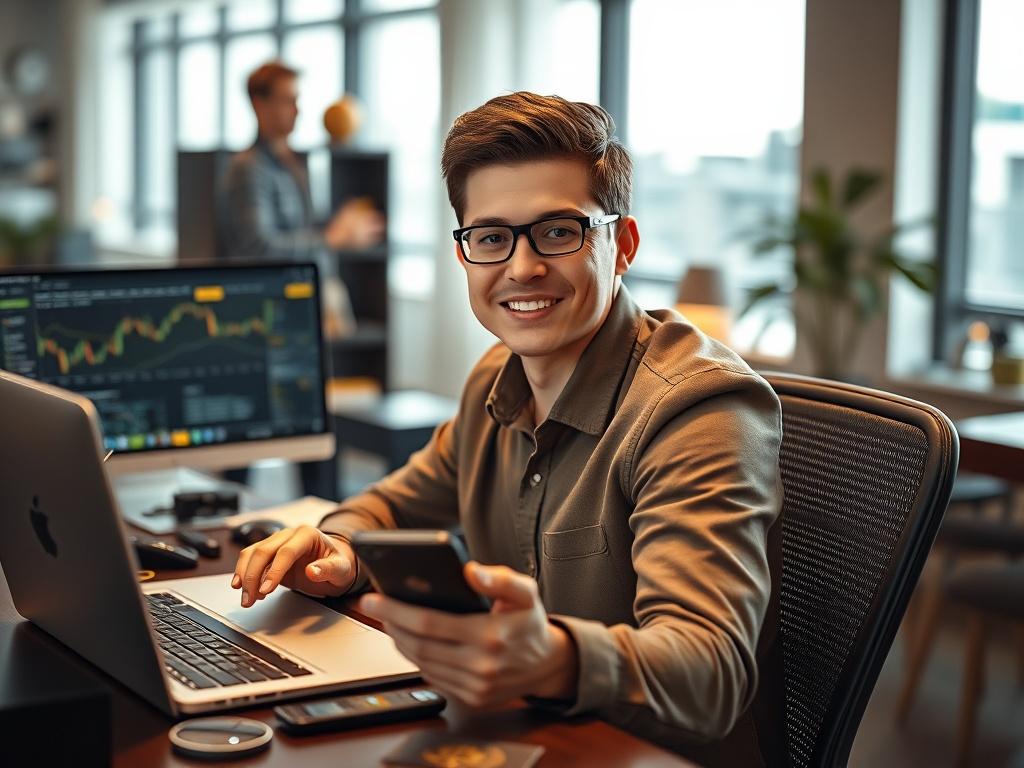 **AI Image Generation Prompt:**

Create a hyper-realistic high-resolution image that captures the essence of cryptocurrency trading with an exclusive focus on Binance, the world's largest and most trusted crypto exchange. The composition should feature a single, vibrant close-up shot of a confident individual—preferably a young adult wearing smart-casual attire, sitting at a sleek desk cluttered with modern tech gadgets like a laptop, smartphone, and a digital tablet, all showcasing the Binance interface. T