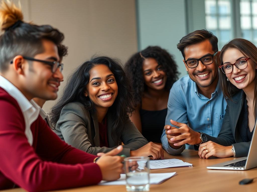 A close-up shot of a diverse group of individuals engaged in a collaborative meeting. The scene should depict them discussing blockchain technology, with a focus on their expressions of enthusiasm and determination. The background should be softly blurred to highlight the team members, and the color scheme should incorporate the primary color rgb(2, 86, 197). The individuals should be dressed in smart casual attire, showcasing a modern and professional atmosphere.