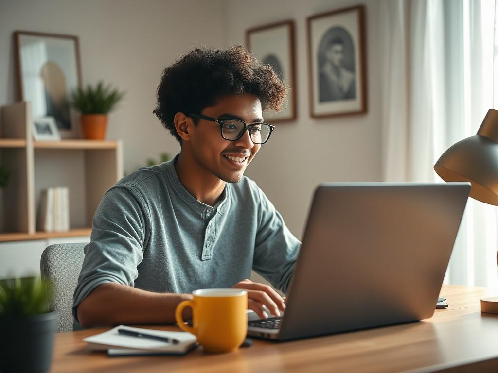 **AI Image Generation Prompt:**

Create a realistic high-resolution photo that visually embodies the theme "From Zero to Financial Freedom - Learn & Earn with BTC Rise." The composition should focus on a single subject: a young, diverse individual (preferably in their 20s or early 30s, showcasing both genders) sitting at a modern desk, engaged in online learning about cryptocurrency. The person should be depicted wearing casual, stylish attire, and their expression should reflect enthusiasm and determinatio